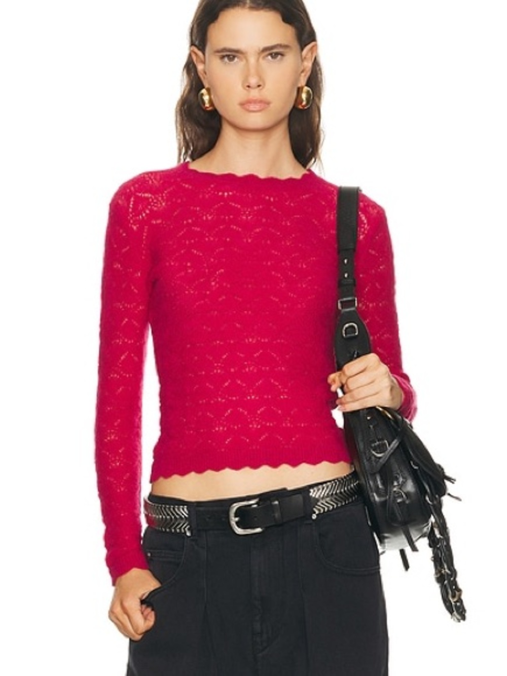 Marant Etoile Scalloped Edge Fuchsia Long‑Sleeve Knit Top